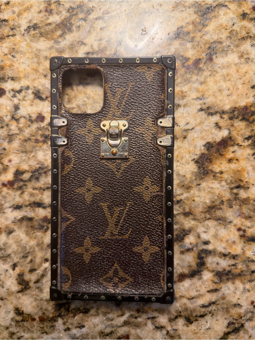 Louis Vuitton Brown Monogram Trunk-Style iPhone Case with Gold Accent